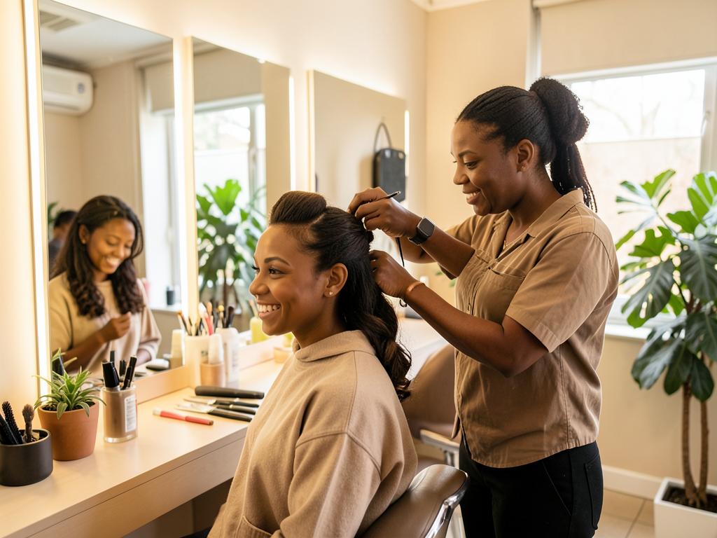 Stylist styling a smiling client's hair in a modern salon