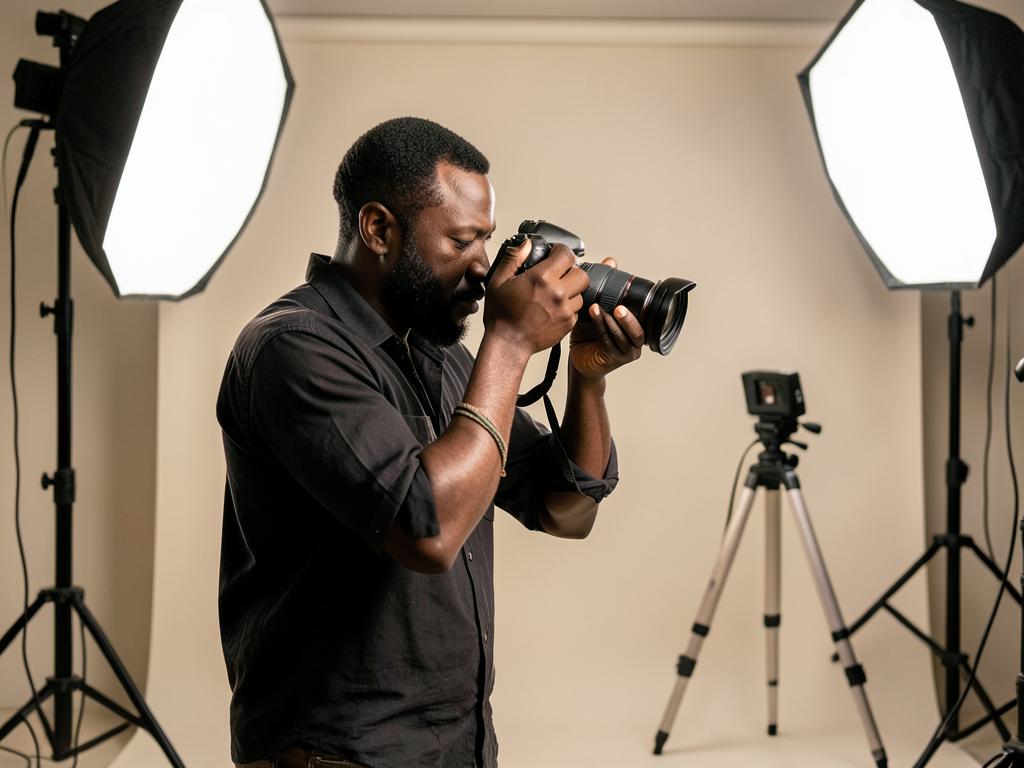 Photographer reviewing shots on a camera inside a lighting studio
