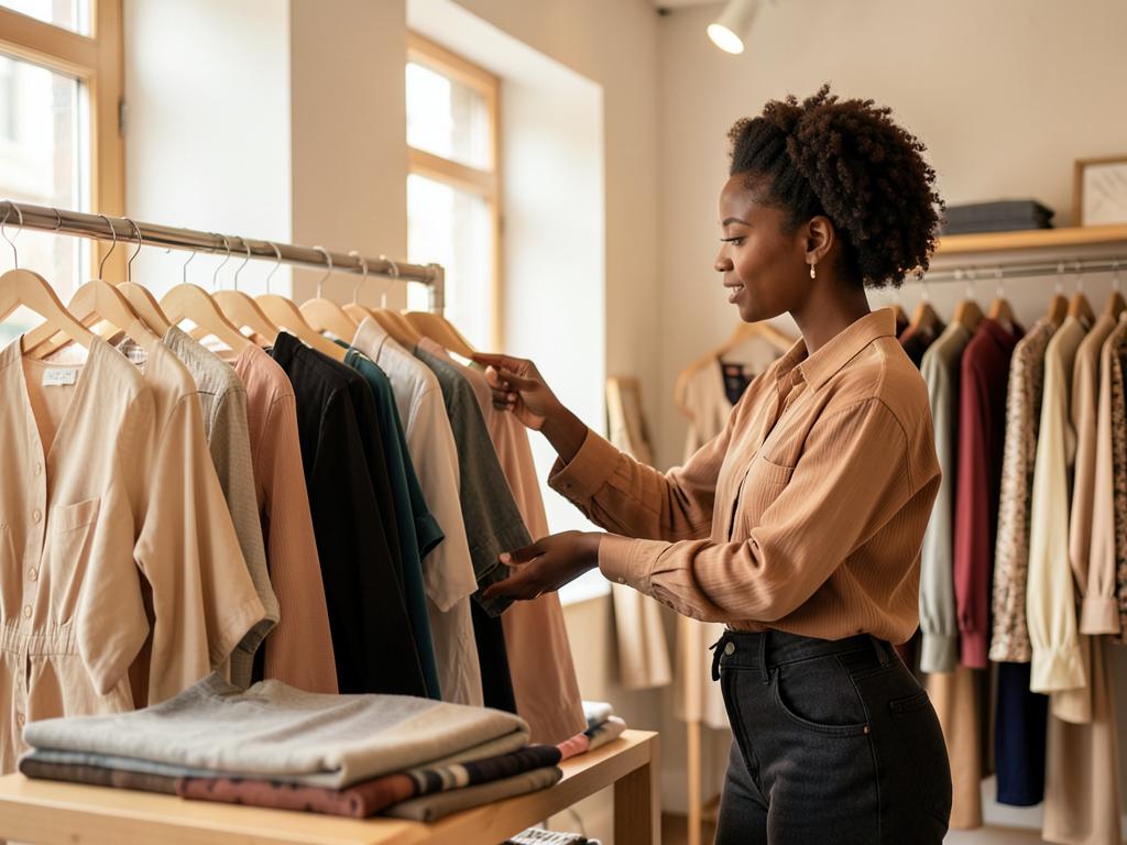 Boutique owner arranging clothing on a rack in a bright fashion store
