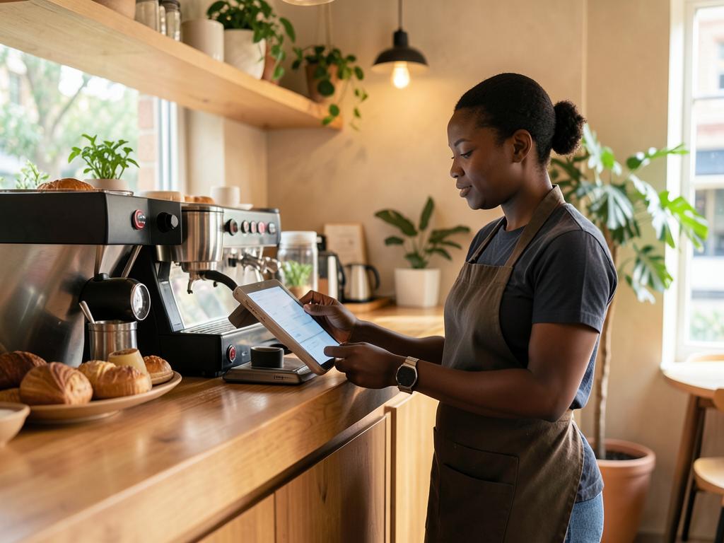Café owner taking an order on a tablet at the counter