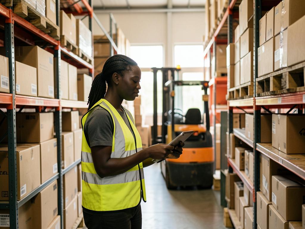 Warehouse staff member checking stacked cartons with a tablet